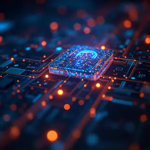 API Integration with blue and orange lights glowing with cyber security symbolism with an electronic glowing box.