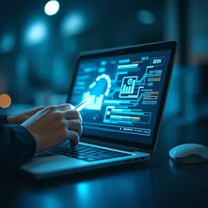 Man working on a laptop to assist with backup and recovery of a client server.