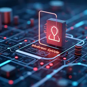 Cybersecurity with Compliance & Risk Assessment with red glowing letters on a motherboard.