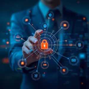 Secure User Access Management for Thousand Oaks Businesses for IT Services, Man pointing finger at electronic image of a padlock.