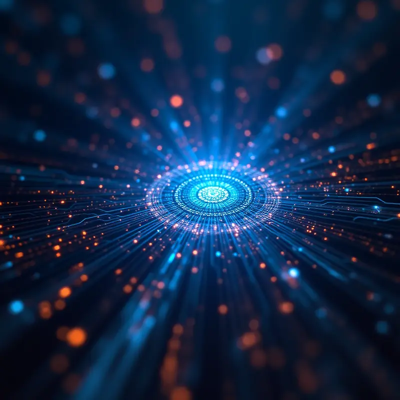 Quantum Computing Solutions with blue and orange lights glowing symbolism with Quantum lighting effects.